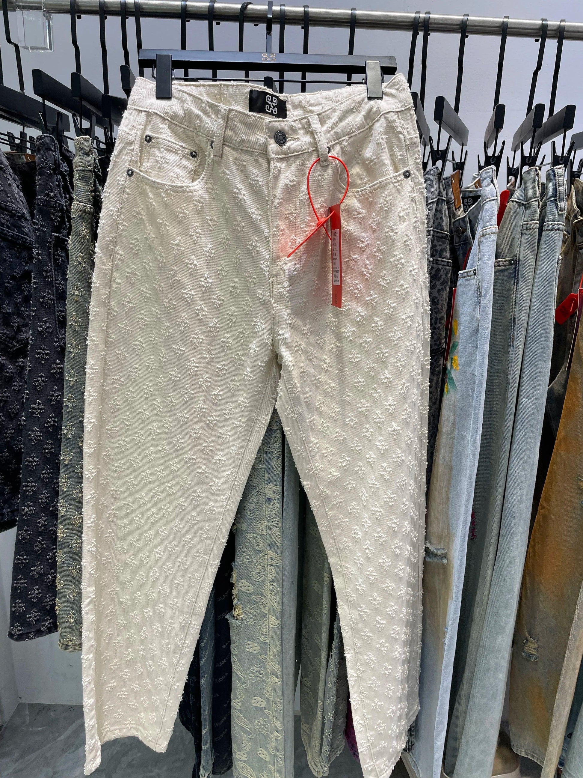Jacquard Pattern | Denim Baggy Bottoms Distressed Beige