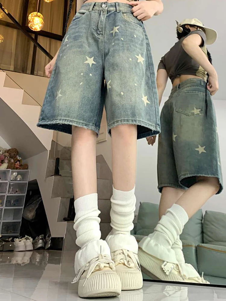 High Waist Old Star Knee Length Shorts