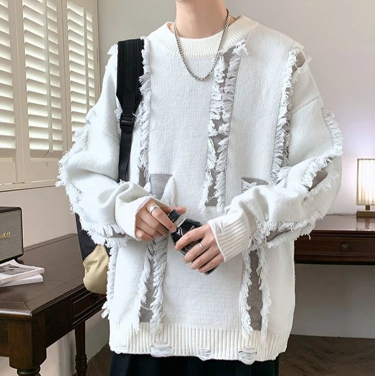Men's Knit Sweater with Holes Autumnr and Winter Aesthetic Woven Korean Knitwear Popular Clothes Y2k Round Collar Pullovers Male