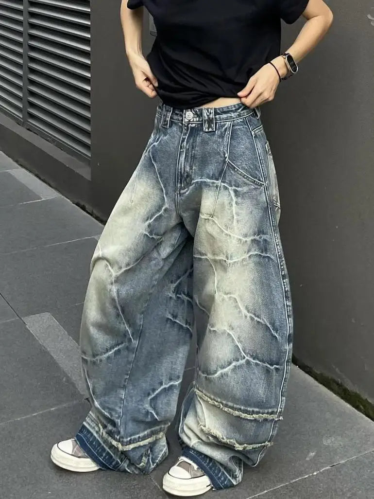 Y2K American Chic Lightning Textured Bristled Wide-leg Loose Jeans Women Gothic Retro Street Casual Jeans Couple Trousers Unisex