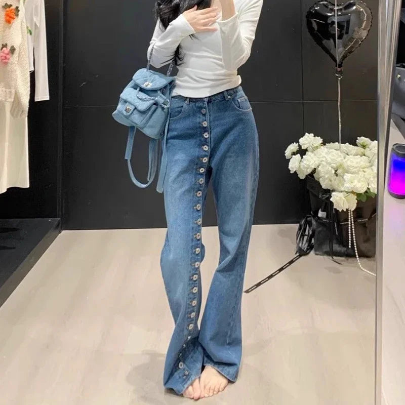 American high street breasted design straight jeans women's autumn and winter new high waist design fashion loose slim pants.