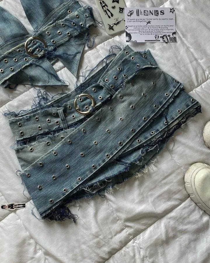 Leather Spliced Denim Black Two Piece Set | Gothic Long Sleeve Zipper Jacket Mini Pleated Skirt Skirt4