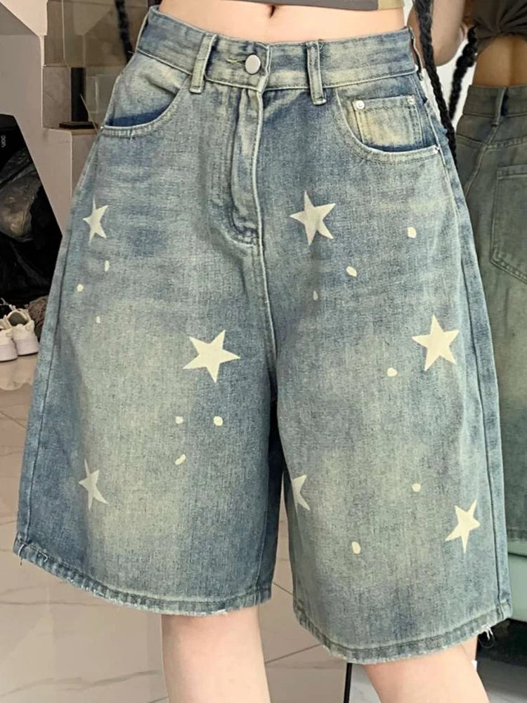 High Waist Old Star Knee Length Shorts