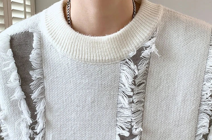 Men's Knit Sweater with Holes Autumnr and Winter Aesthetic Woven Korean Knitwear Popular Clothes Y2k Round Collar Pullovers Male