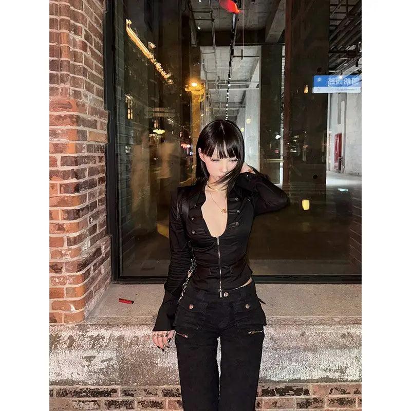 Deeptown Y2k Black Sexy Shirts Women V Neck Coquette