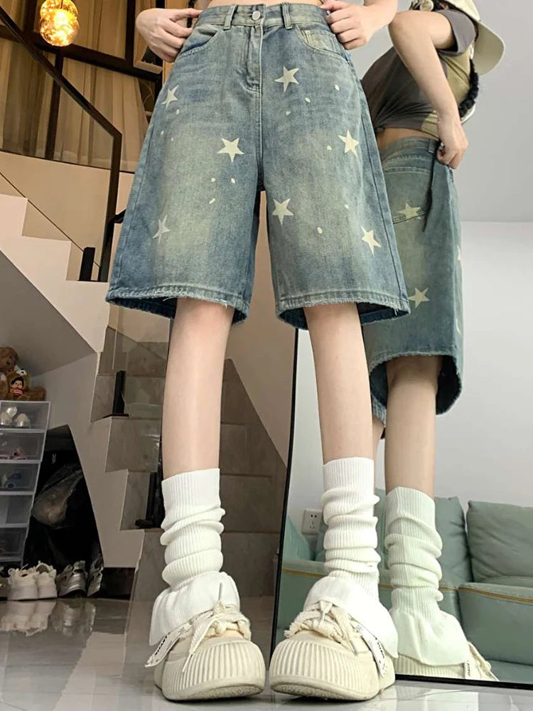 High Waist Old Star Knee Length Shorts