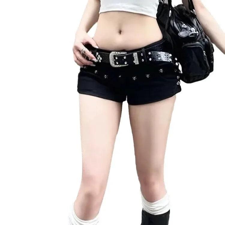 American Style Y2K Black Denim Shorts | Sexy Low Waist Curve
