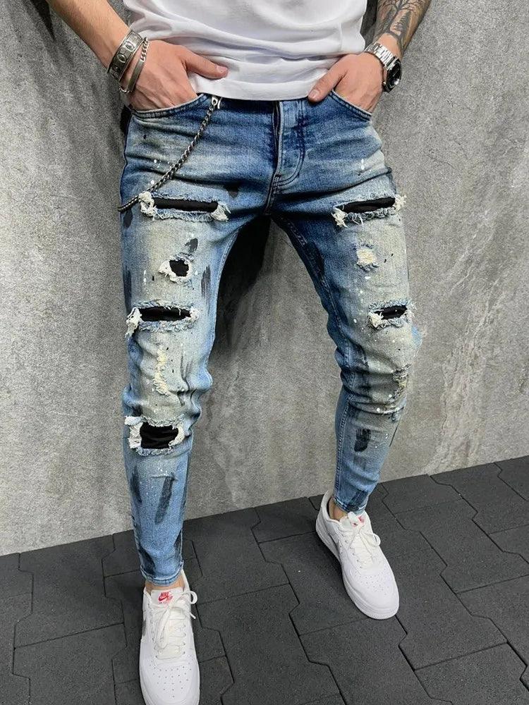 New Skinny Ripped Jeans w/ Grid Hole Plaid Patches 2001Light grey