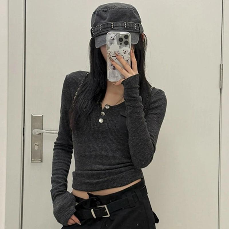 Vintage Long Sleeve Skinny Y2k Crop Top Streetwear