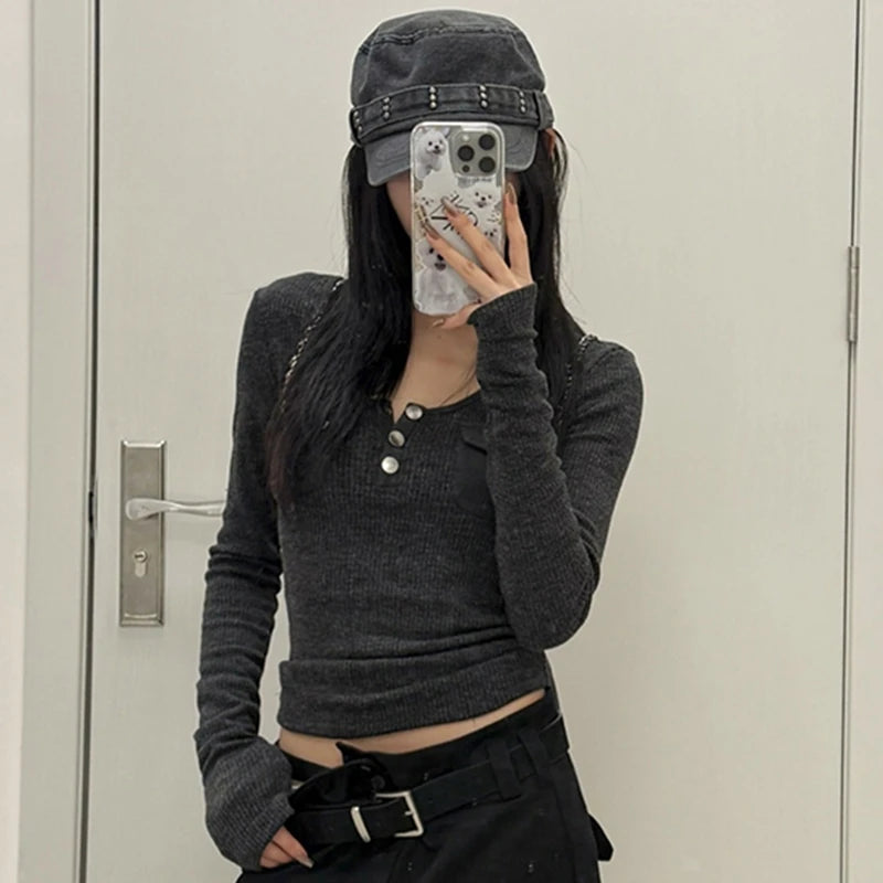 Vintage Long Sleeve Skinny Y2k Crop Top Streetwear - Amplify