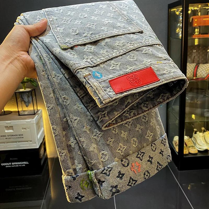 Luxury Designer Retro Jacquard Jeans Blue