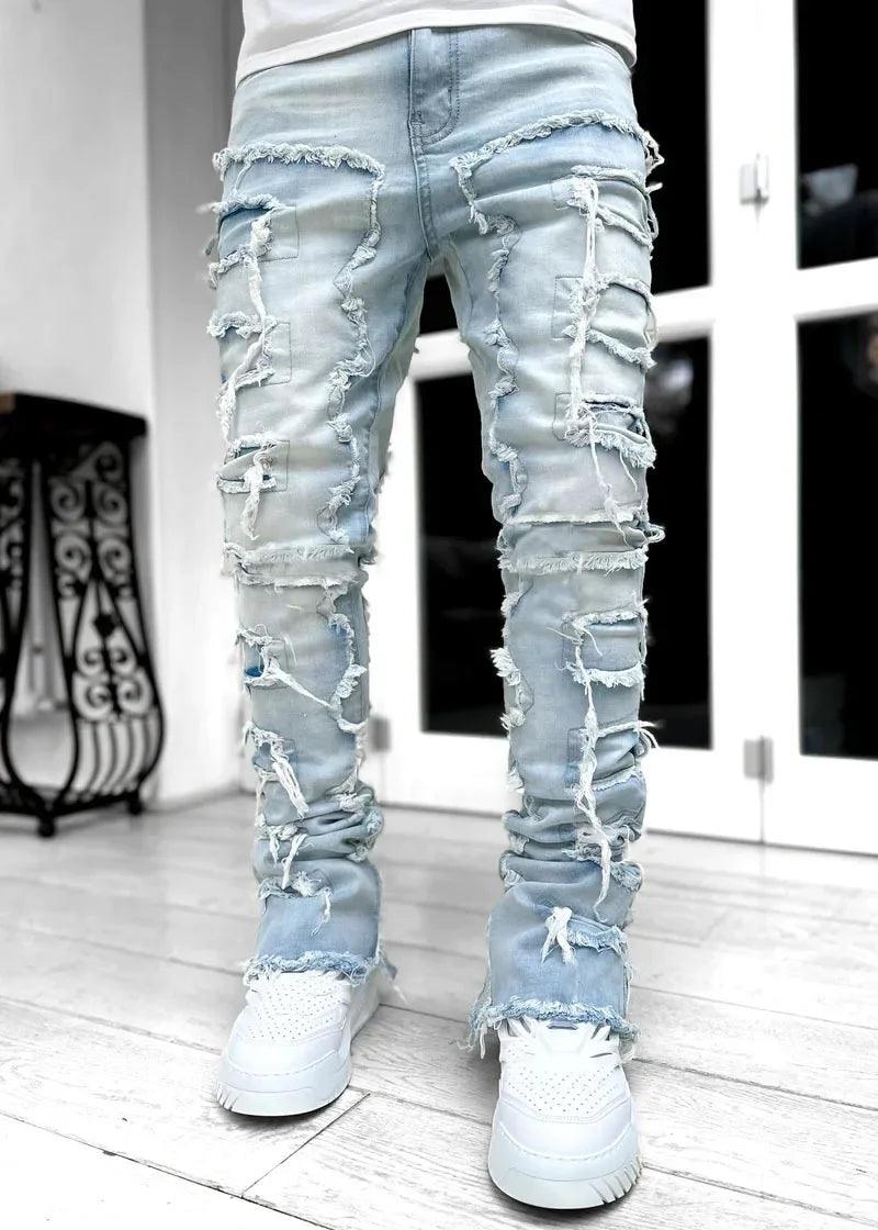 Ripped Slim Fit Destroyed Straight Denim Sky Blue