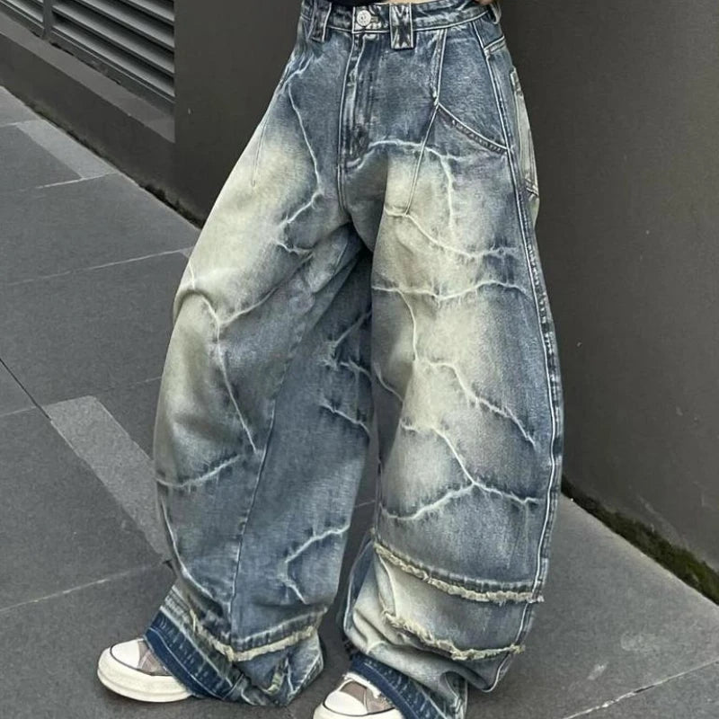 Y2K American Chic Lightning Textured Bristled Wide-leg Loose Jeans Women Gothic Retro Street Casual Jeans Couple Trousers Unisex