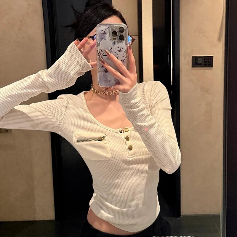 Vintage Long Sleeve Skinny Y2k Crop Top Streetwear