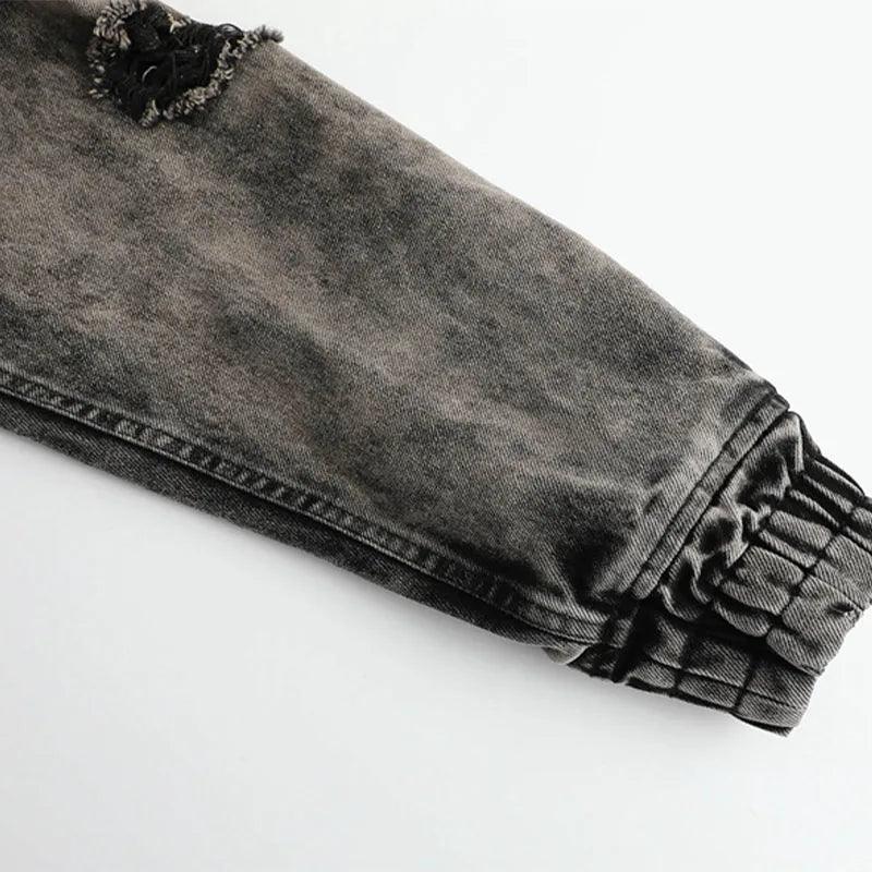 Wasteland Style Washed & Damaged Hooded Denim Jacket