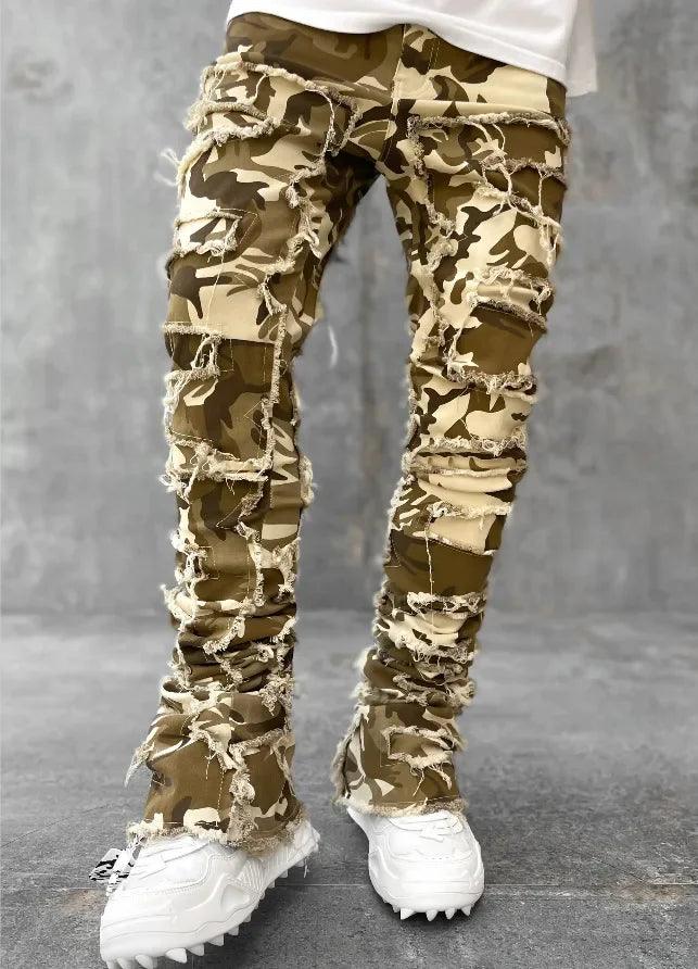 Ripped Slim Fit Destroyed Straight Denim Urban Camo