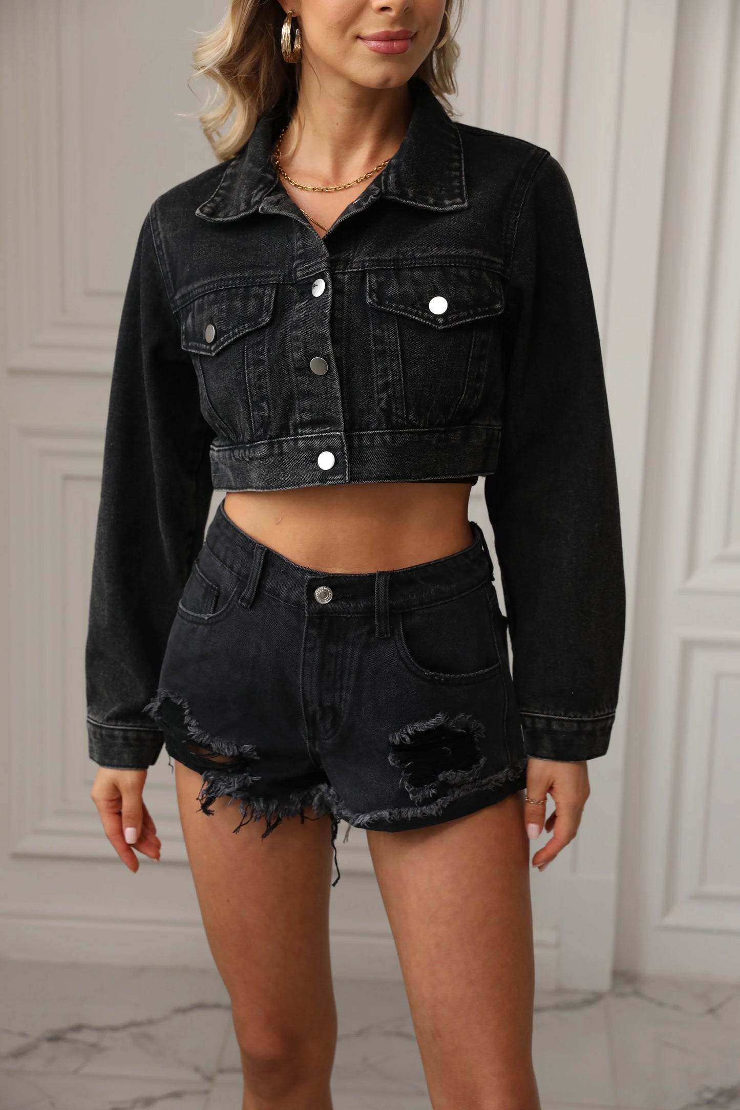 Cute Cropped Jean Jacket Button Up | Ripped, Frayed, Washed Denim Jacket - Amplify