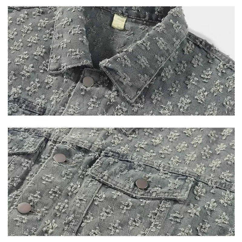 Jacquard Pattern Denim Vintage Jean Coat | Casual Lapel Shirt Wide-Leg Pants BUNDLE - Amplify