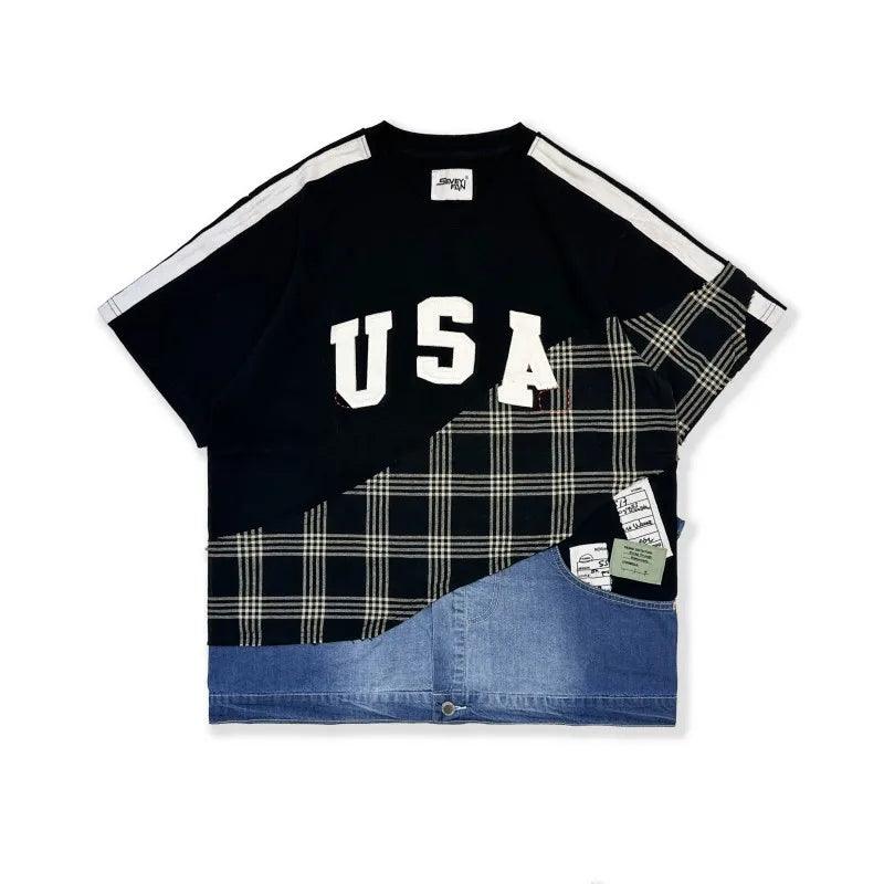 USA Embroidered Tee | Plaid Patchwork Cotton Top as pic