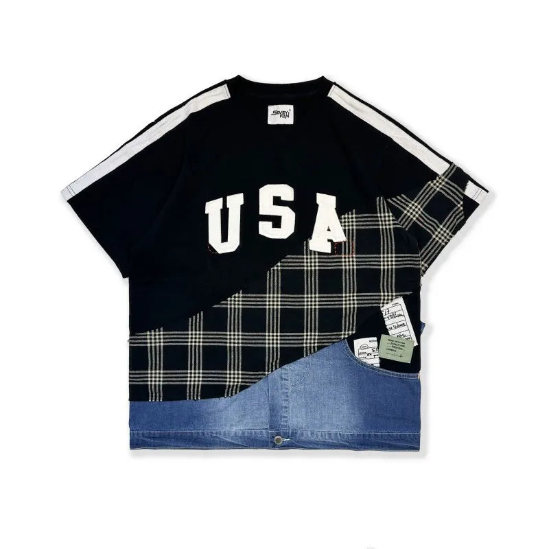 USA Embroidered Tee | Plaid Patchwork Cotton Top - Amplify