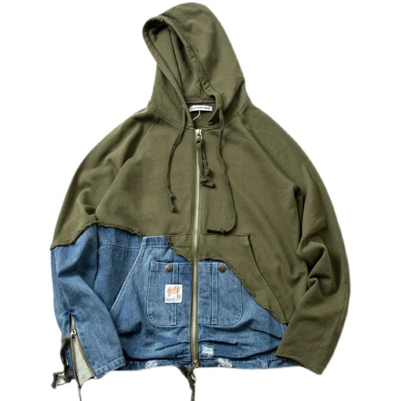 Denim Patchwork Sweatshirt x Hi-Street Zipper Sleeve Pullover as pic