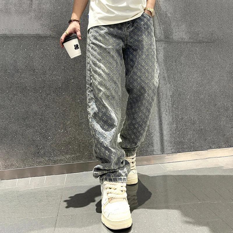 Jacquard Pattern | Denim Baggy Bottoms Distressed Blue
