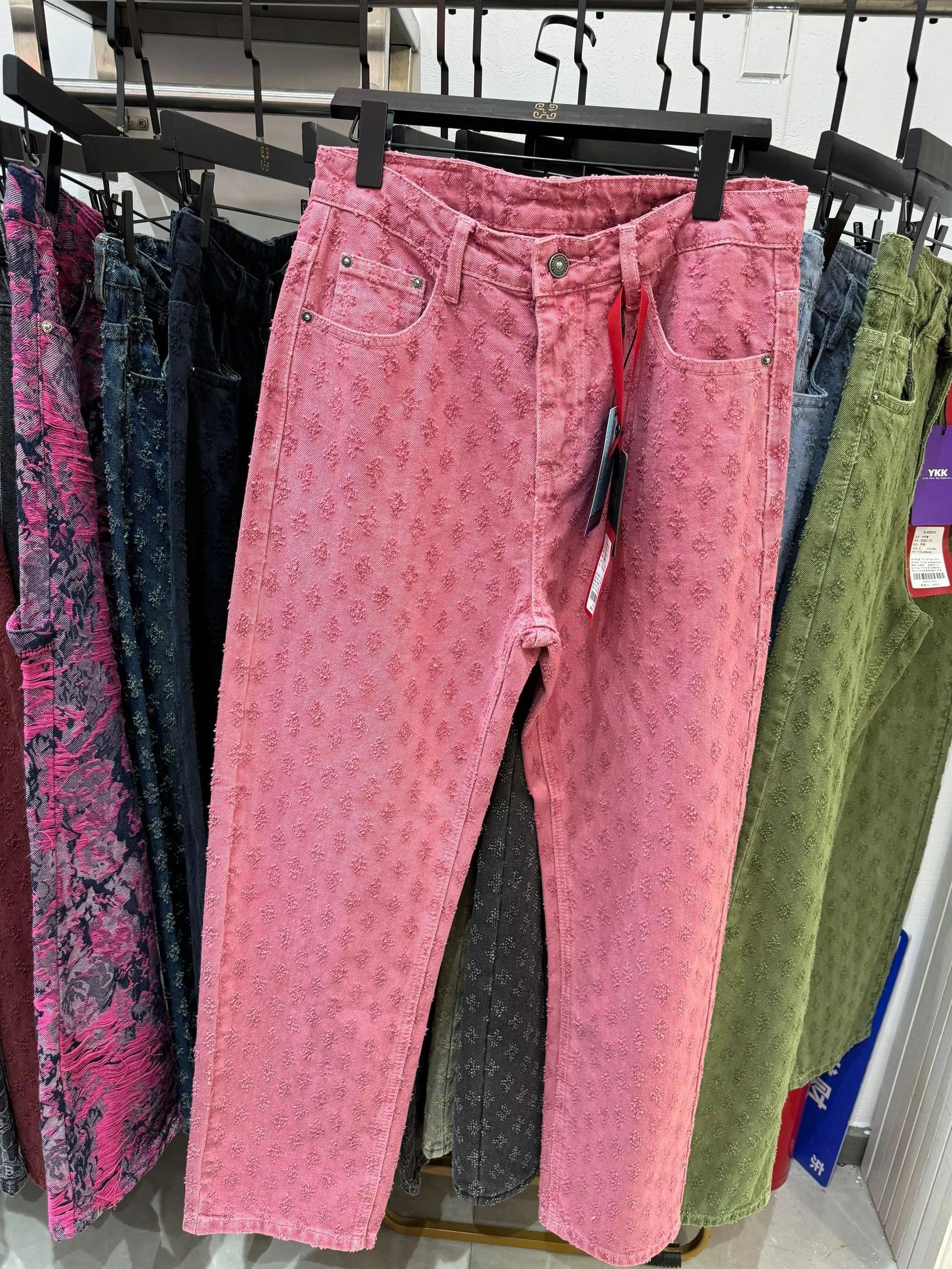 Jacquard Pattern | Denim Baggy Bottoms Distressed Pink