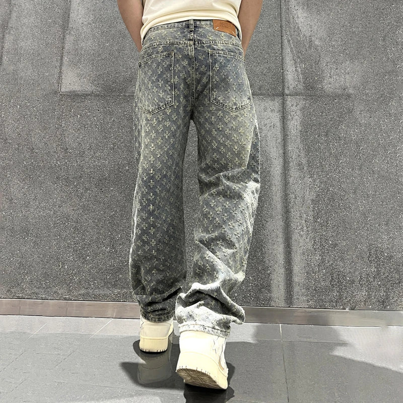 Jacquard Pattern | Denim Baggy Bottoms Distressed - Amplify