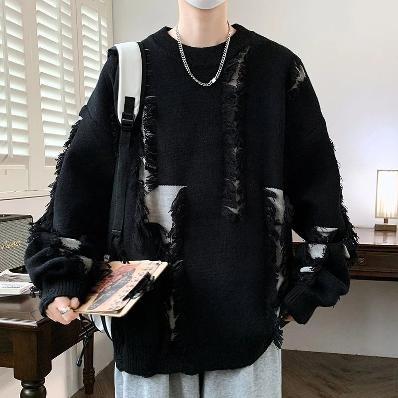 Men's Knit Sweater with Holes Autumnr and Winter Aesthetic Woven Korean Knitwear Popular Clothes Y2k Round Collar Pullovers Male