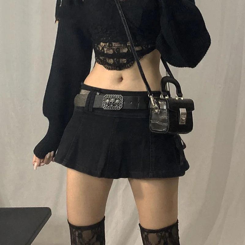 Women's Gothic Mini Skirt | Low Rise Black Pocket Patchwork