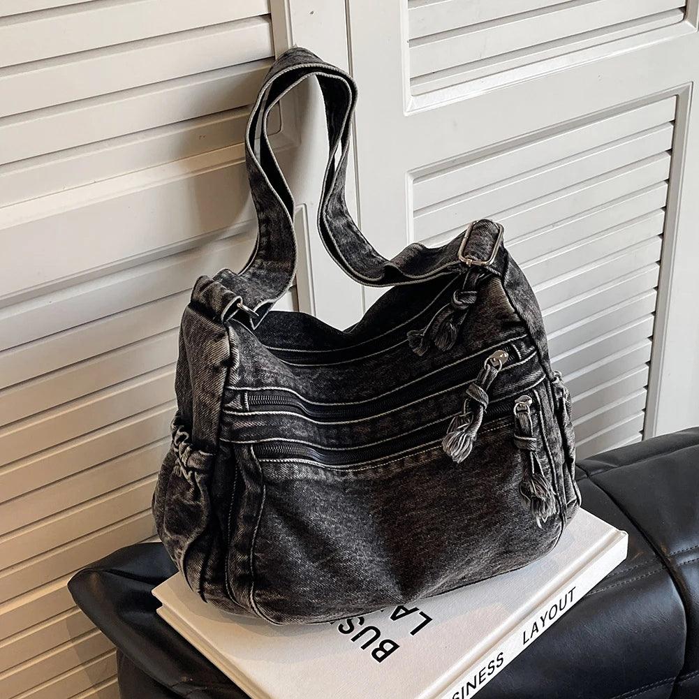 Vintage Casual Satchel Bag | Large Capacity Denim Black United States