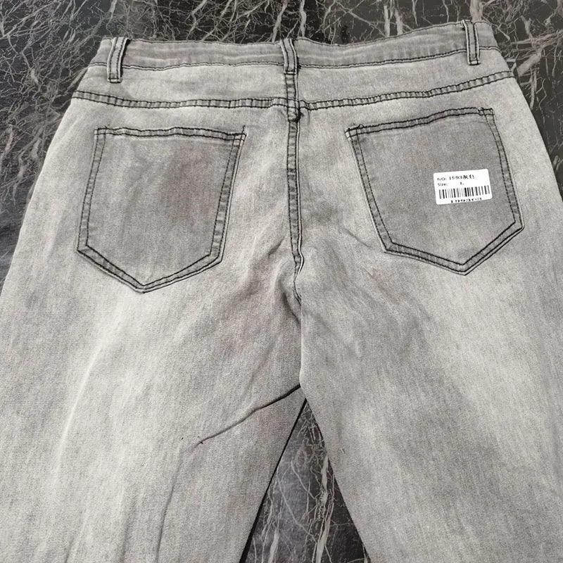 New Skinny Ripped Jeans w/ Grid Hole Plaid Patches