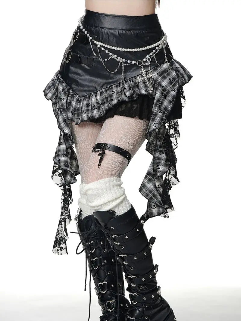 Retro Y2K Gothic Style Leather Splicing Short Skirt