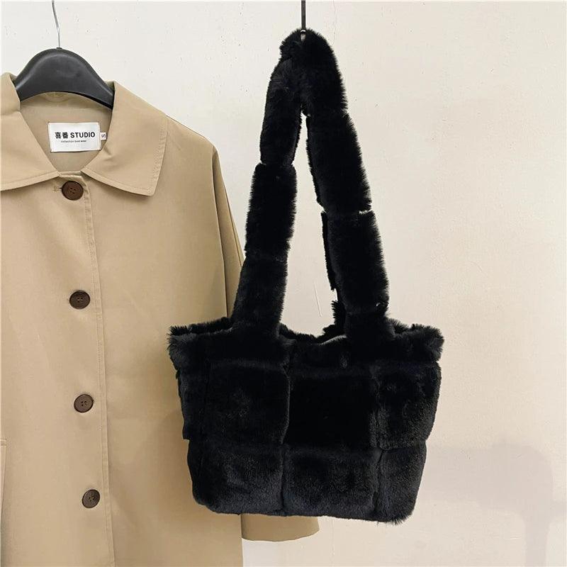 Designer Fuzzy Plush Shoulder Bag Black