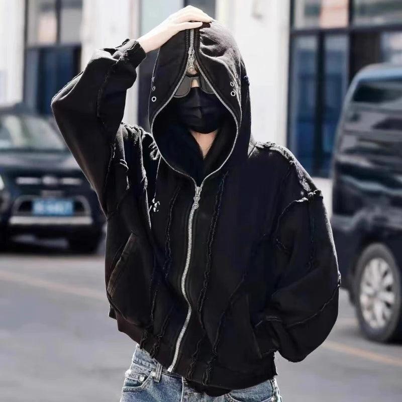 Y2K THUG CLUB VIBE | Wash Wax Dyed Zipper Shark Masked Hoodie