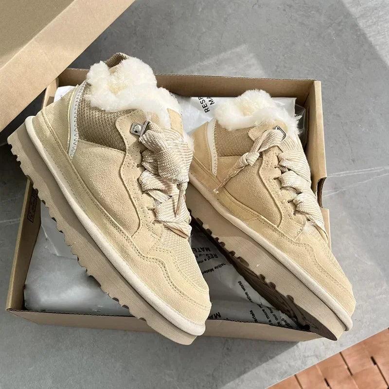Snow Boots w/ Thick Sole & Sheepskin Fur Wool Sand With Box