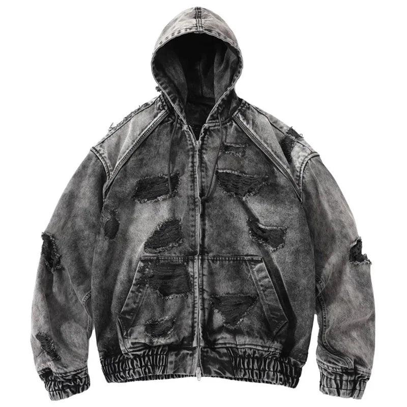 Wasteland Style Washed & Damaged Hooded Denim Jacket black
