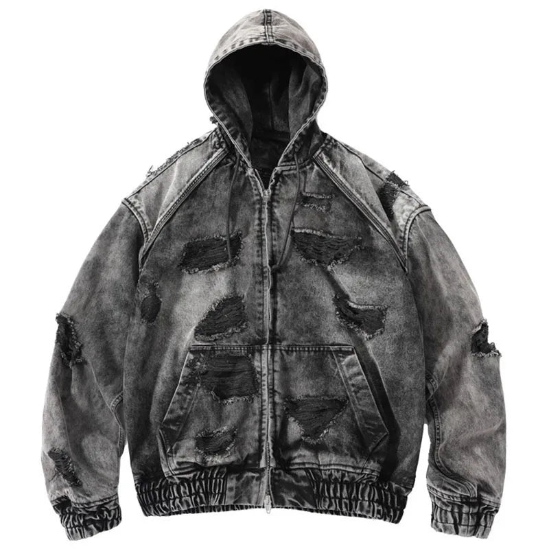 Wasteland Style Washed & Damaged Hooded Denim Jacket - Amplify