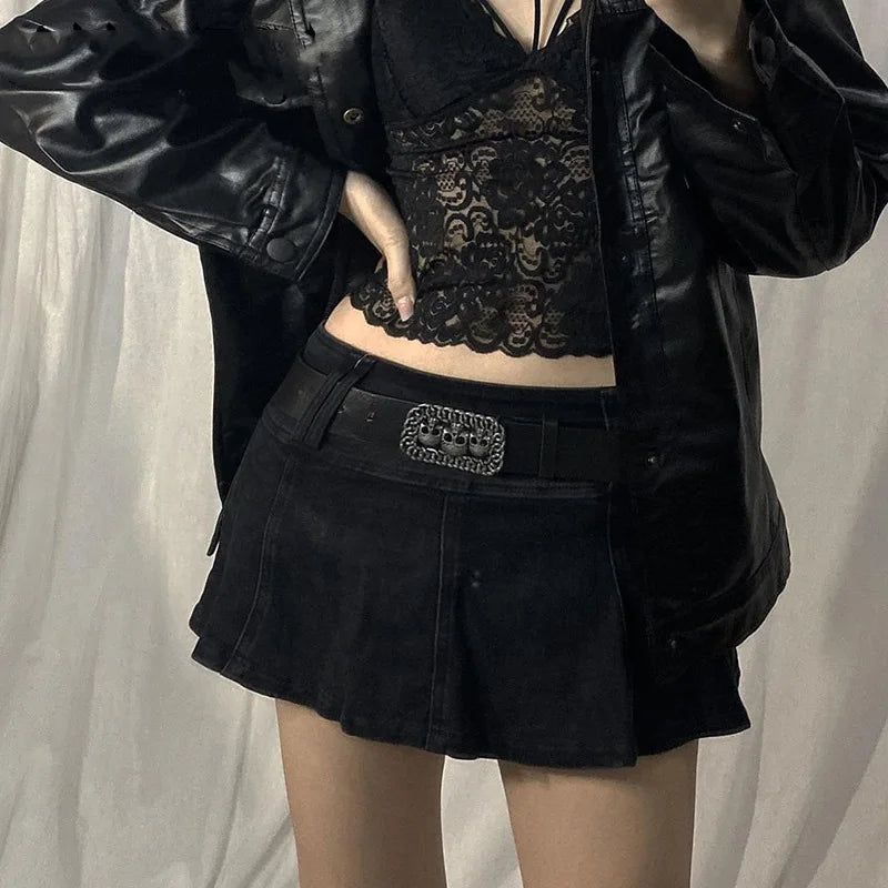 Women's Gothic Mini Skirt | Low Rise Black Pocket Patchwork - Amplify