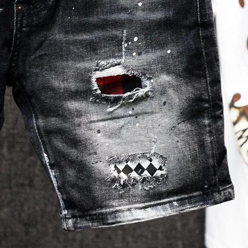 Black Plaid Patches and Painted Denim Shorts