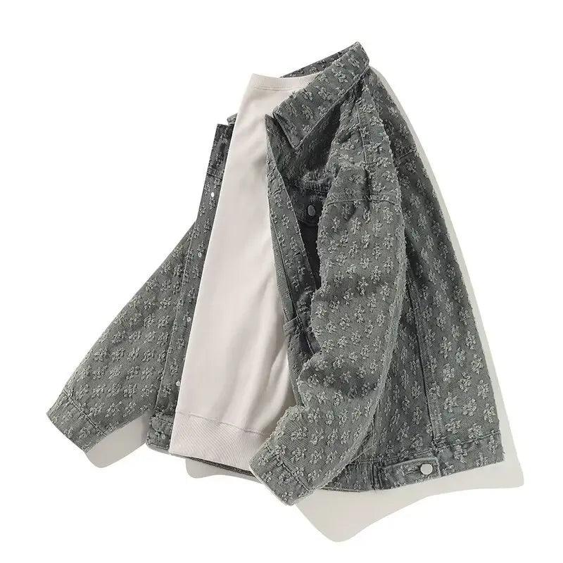 Jacquard Pattern Denim Vintage Jean Coat | Casual Lapel Shirt Wide-Leg Pants BUNDLE