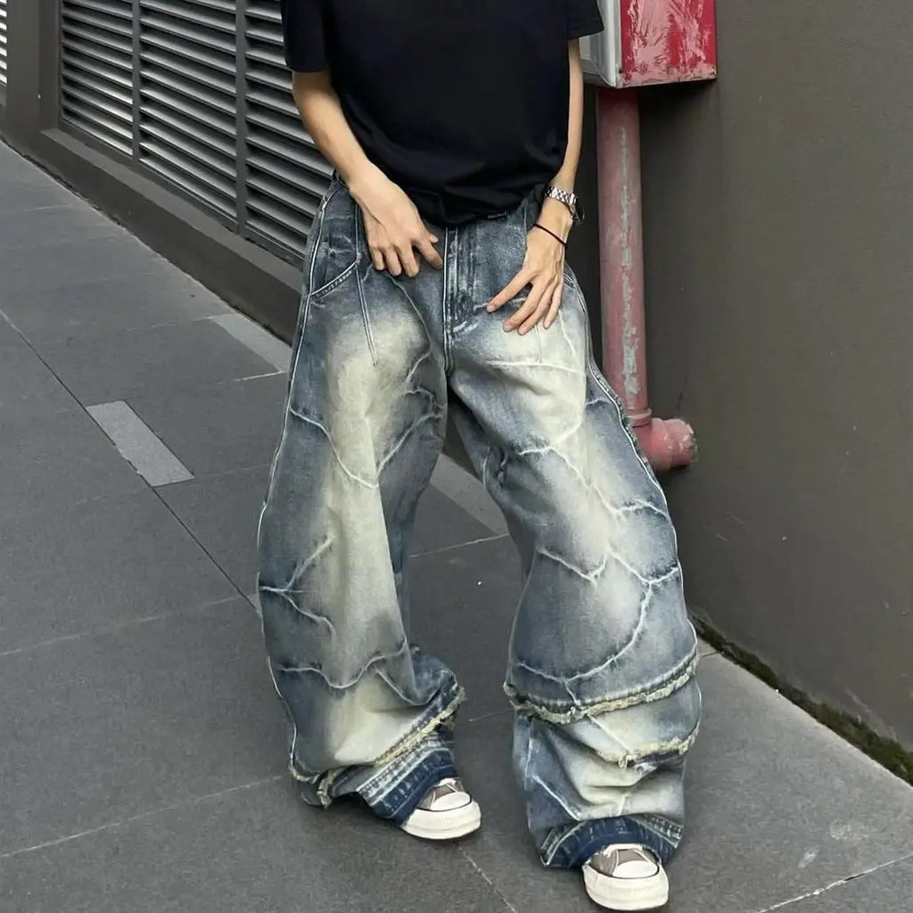 Y2K American Chic Lightning Textured Bristled Wide-leg Loose Jeans Women Gothic Retro Street Casual Jeans Couple Trousers Unisex