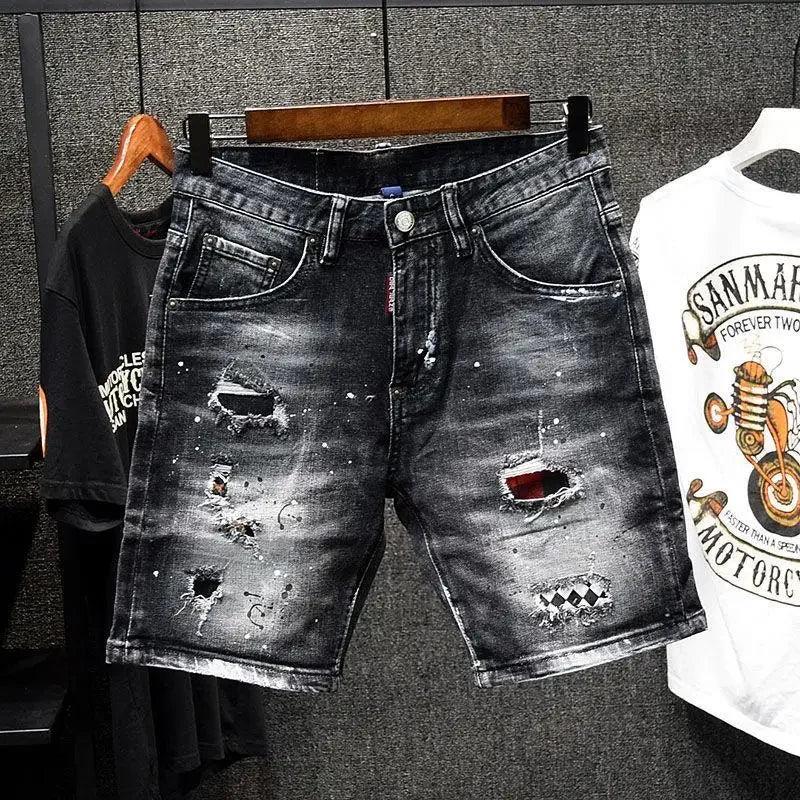Black Plaid Patches and Painted Denim Shorts