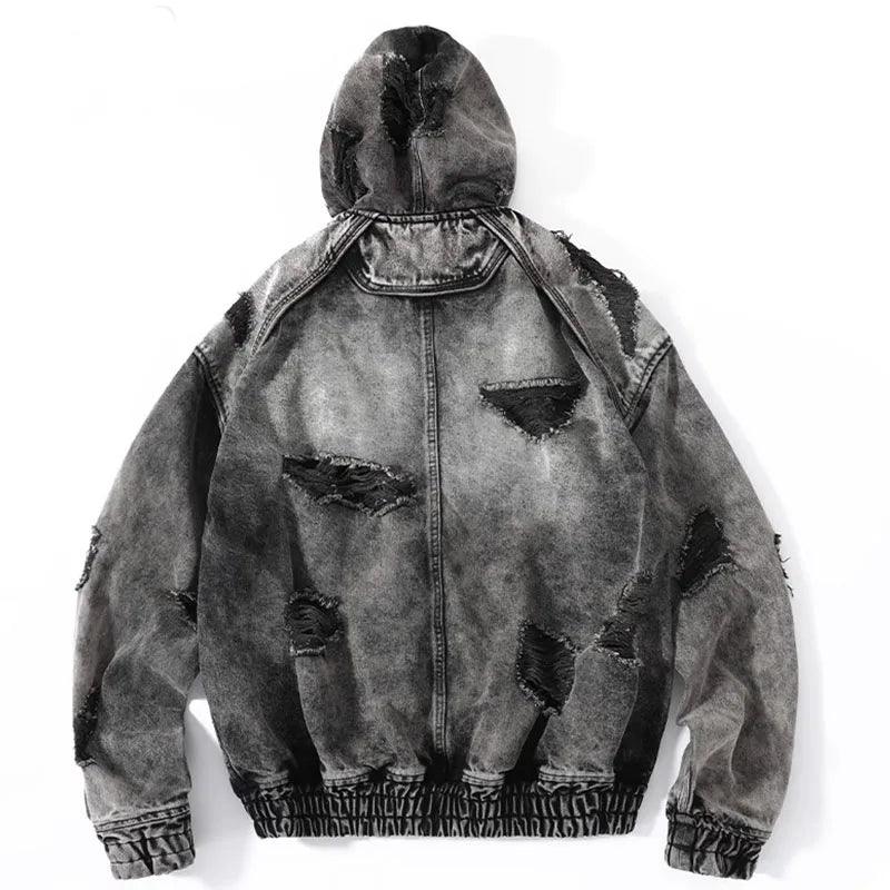 Wasteland Style Washed & Damaged Hooded Denim Jacket