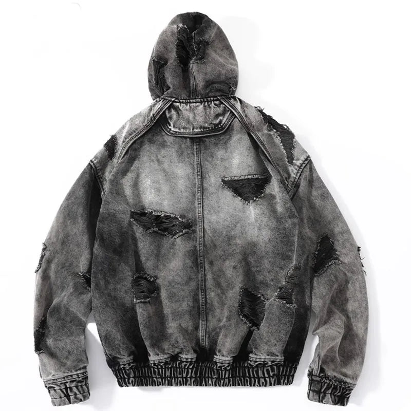 Wasteland Style Washed & Damaged Hooded Denim Jacket - Amplify