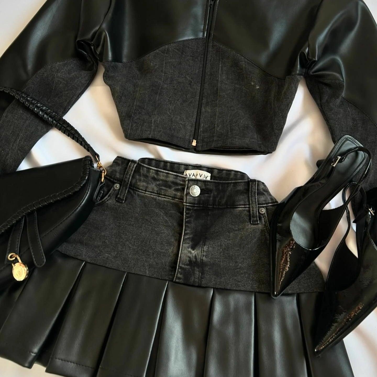 Leather Spliced Denim Black Two Piece Set | Gothic Long Sleeve Zipper Jacket Mini Pleated Skirt Skirt5