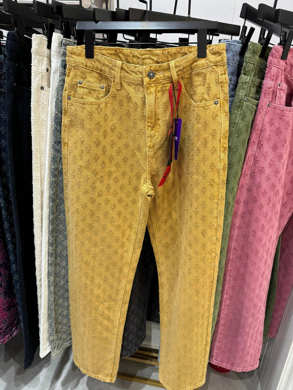Jacquard Pattern | Denim Baggy Bottoms Distressed Orange