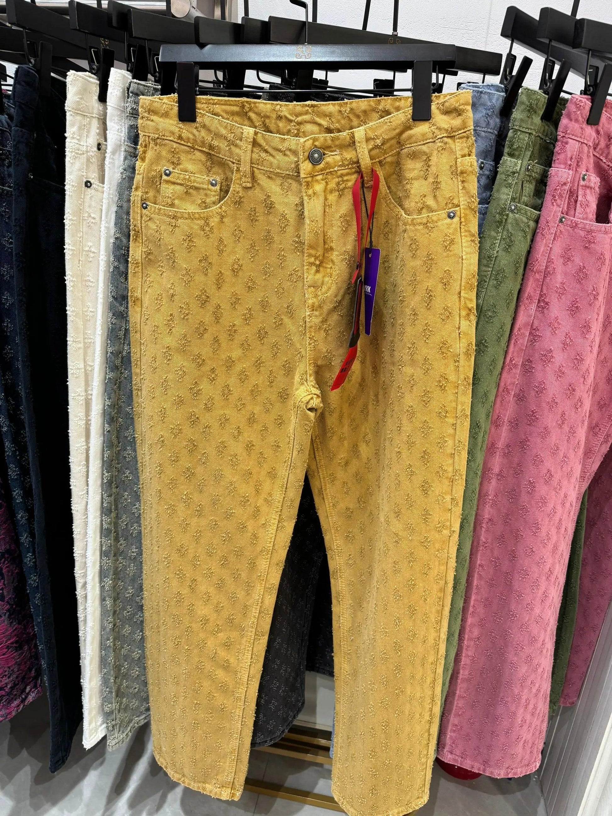 Jacquard Pattern | Denim Baggy Bottoms Distressed Orange