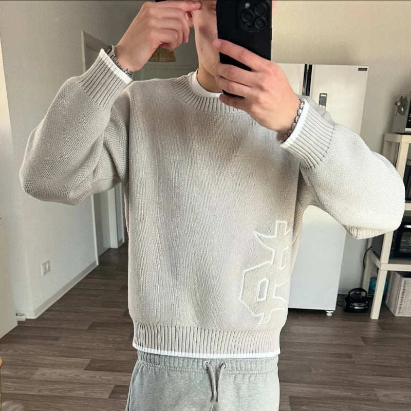 Y2K Round Neck Gray Knitted Sweater New Popular Symbol Pattern Retro Harajuku Pullover Autumn Winter Warm Boxy Men's Clothing