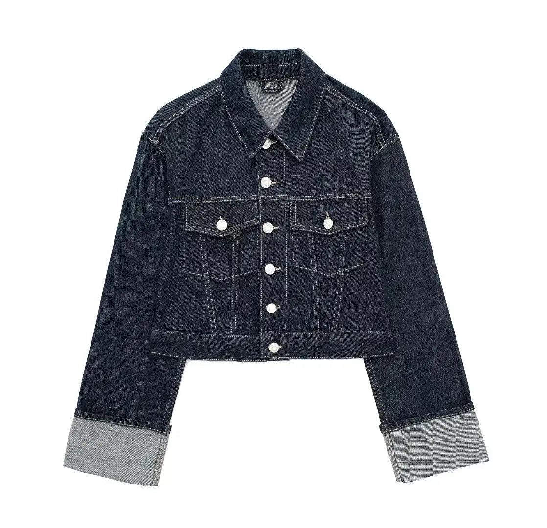 Cuffed Vintage Denim Jacket | Single Breasted Lapel Top